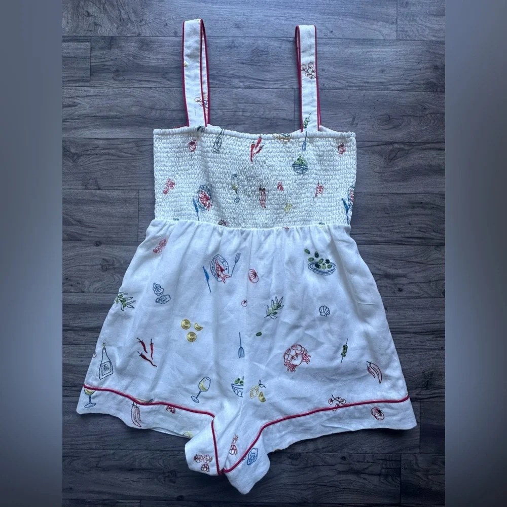 Caroline Constas Embroidered Linen Romper - Mediterranean Food Print - Size M. - Picture 16 of 17